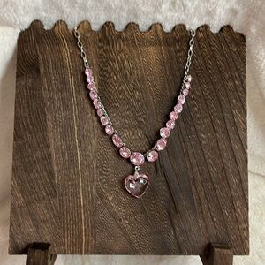 Pink heart necklace with silver chain adjustable length